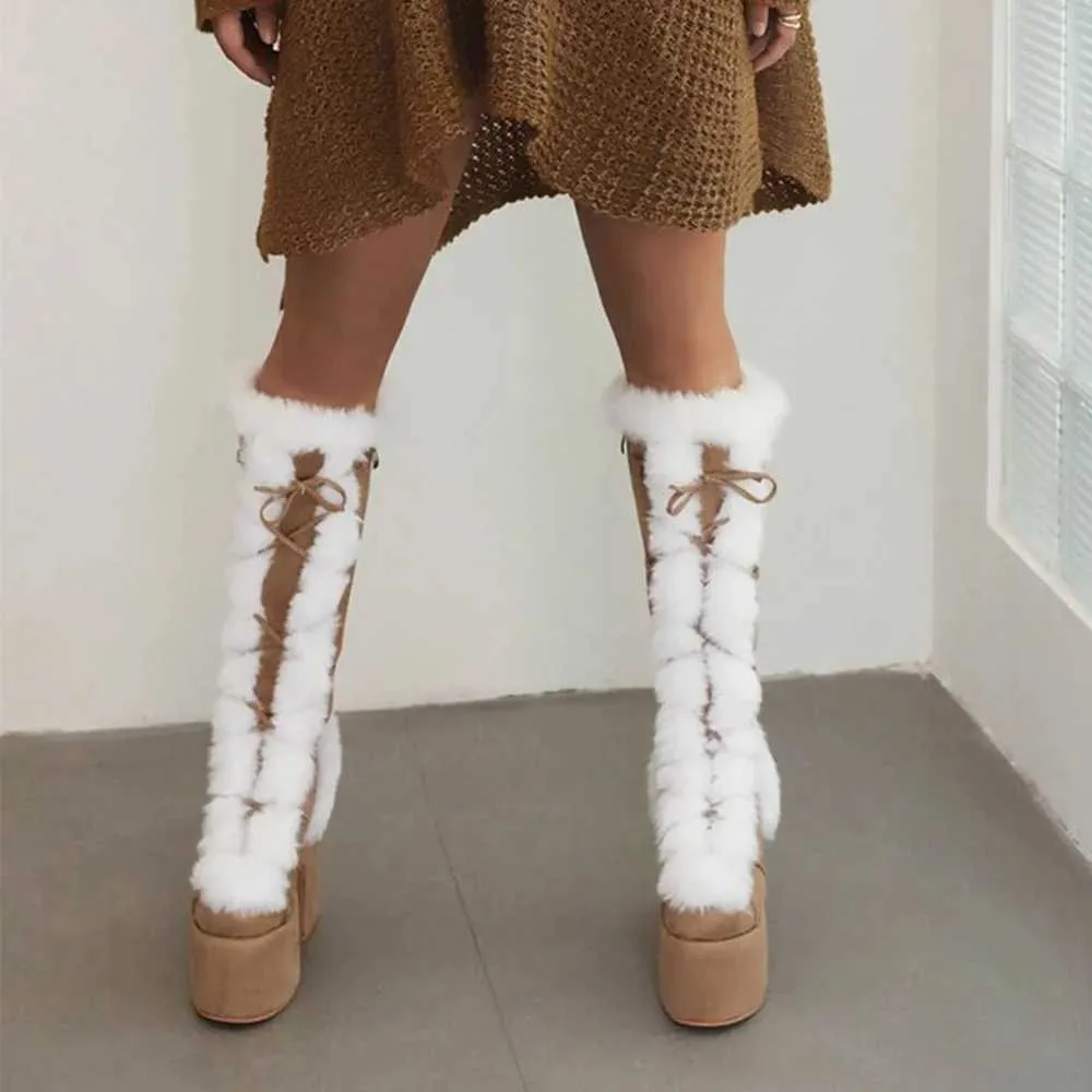 GIGIFOX Punk Pelliccia Alti Fino Al Ginocchio Piattaforma Chunky Tacco Alto Scarpe Cerniera Laterale INS Moda Strada Scatto Caldo Autunno Inverno Stivali_voghion.com