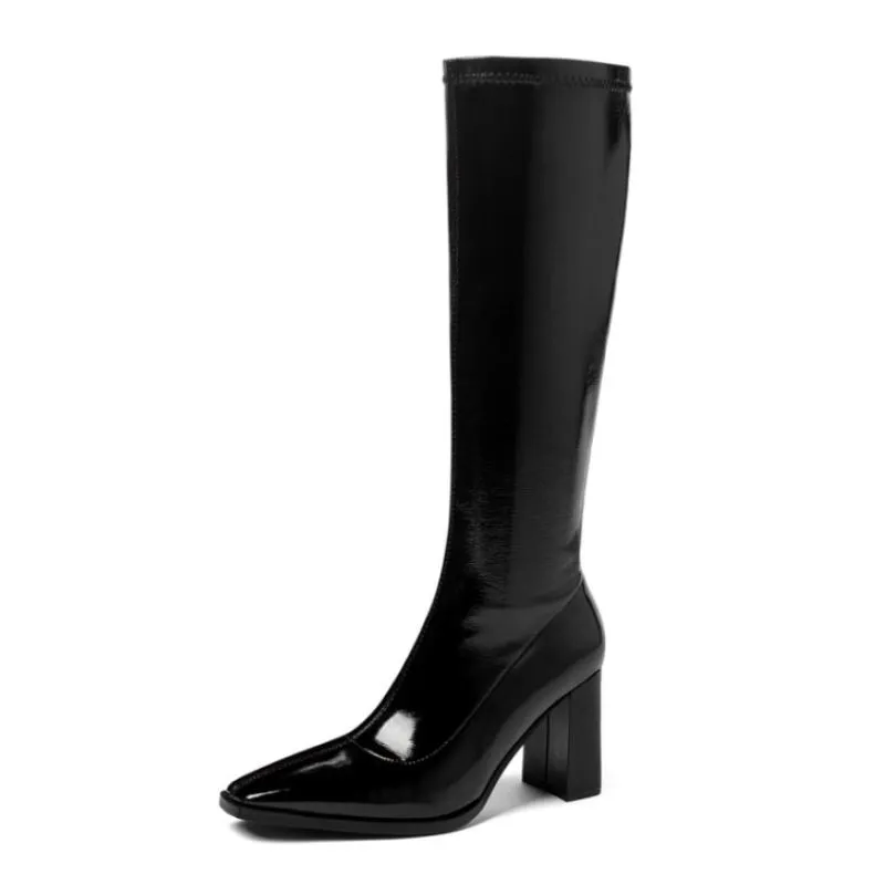 Knee Boots Zipper Thick High Heel Shoes Women Square Toe Winter Warm Long Boot Leather Party Footwear Size 34-39_voghion.com