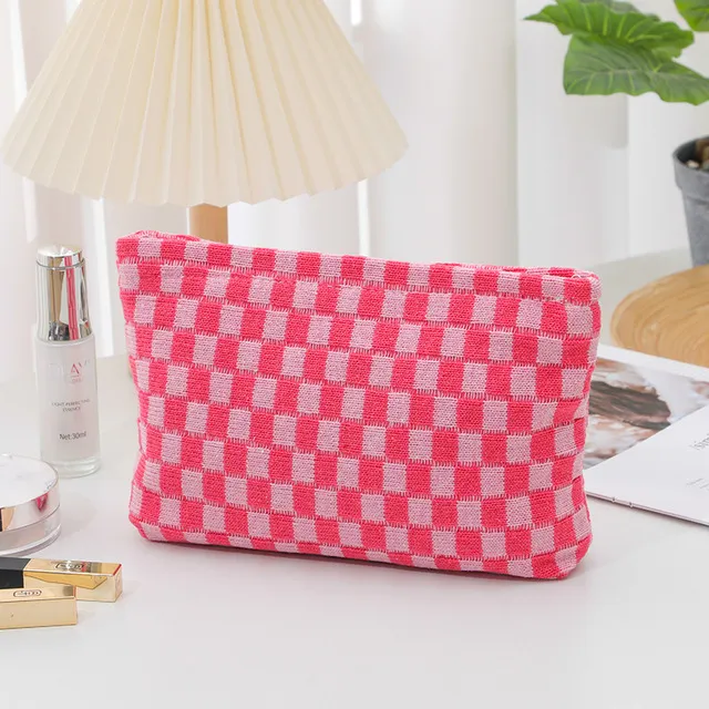 Organizer da viaggio per cosmetici a scacchi, grazioso sacchetto portaoggetti per pennelli da trucco e accessori estetici per donne_voghion.com