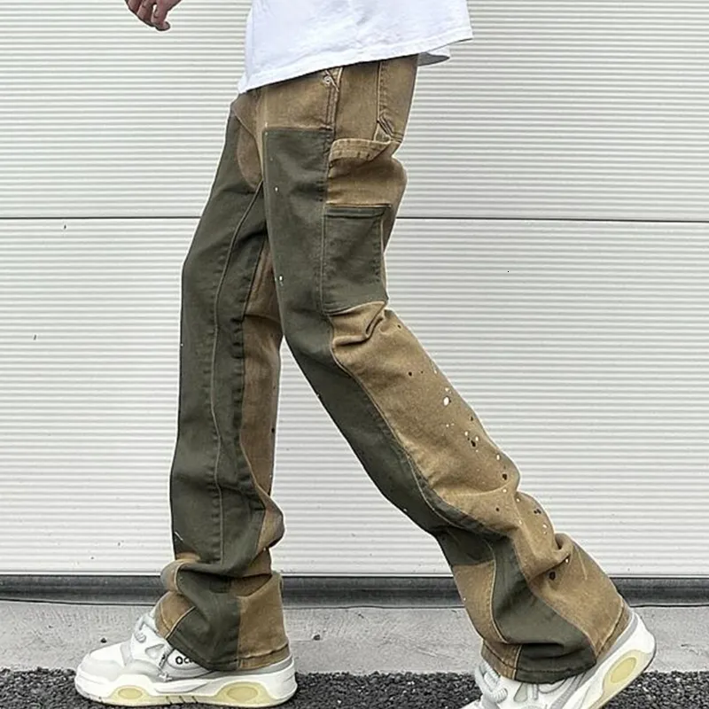 Pantalon cargo ample en denim micro-élastique délavé peint à l'encre pour homme, style patchwork Y2K, surdimensionné et décontracté_voghion.com