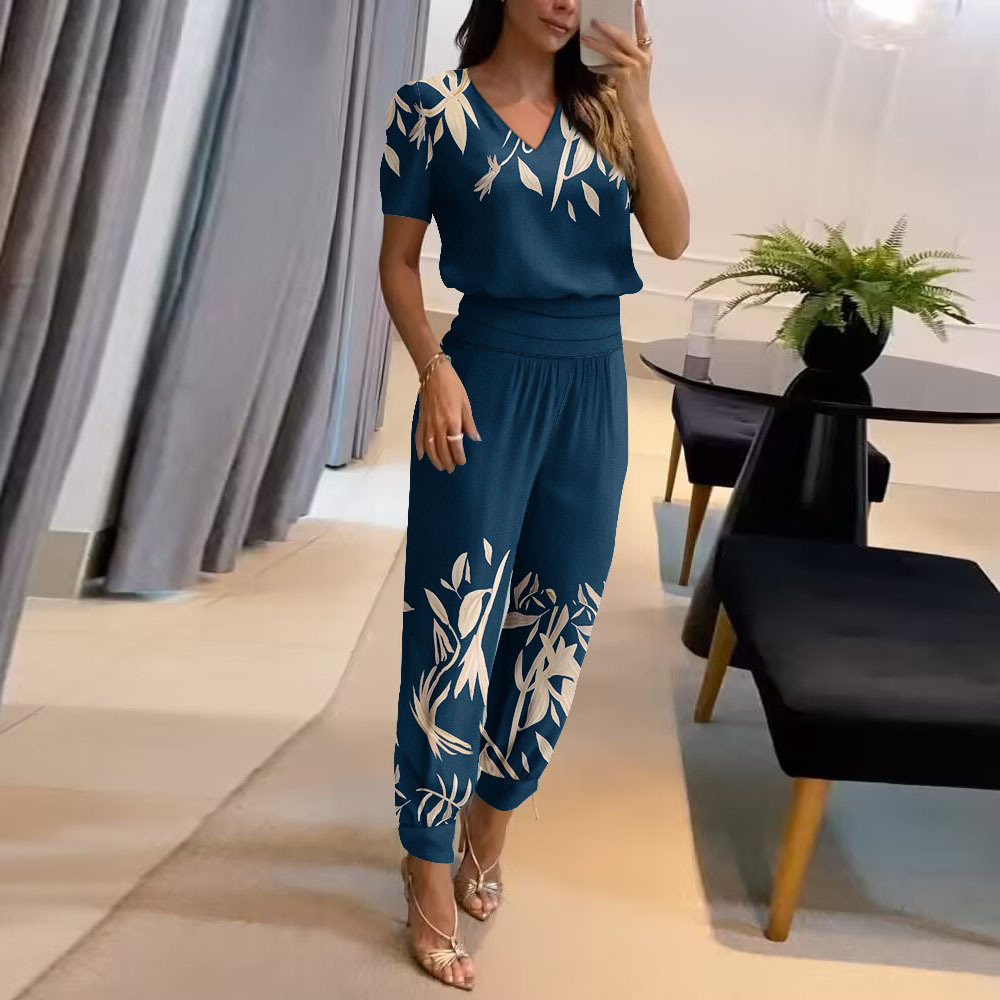 Ensemble deux pièces pour femmes, nouvelle mode et décontracté, col en v, imprimé, manches courtes, pantalon, deux pièces_voghion.com