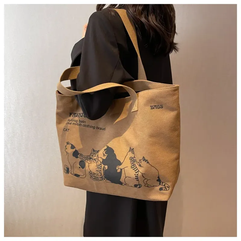 Große Tragetasche für Damen zum Einkaufen, Aufbewahren, Pendeln, Canvas-Handtasche, Cartoon-Katzen-Aufdruck, tragbare_voghion.com