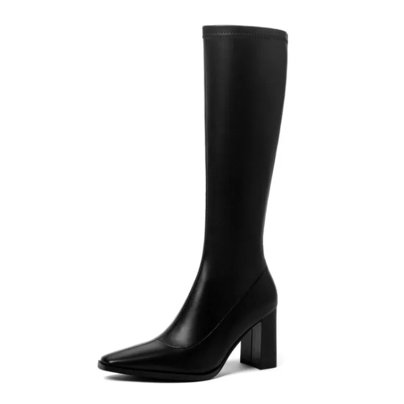Knee Boots Zipper Thick High Heel Shoes Women Square Toe Winter Warm Long Boot Leather Party Footwear Size 34-39_voghion.com