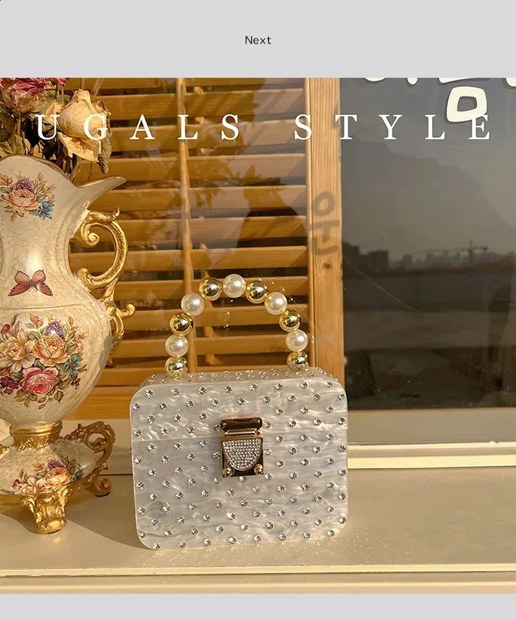 Acryl-Box-Form-Clutch-Tasche Perlengriff Handtasche Dia Metall glänzend Gold Frauen Abendparty süße Geldbörse Hochzeit 240822_voghion.com