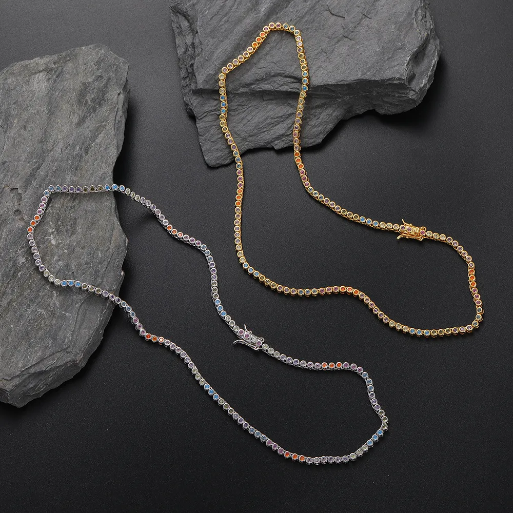 Cadenas de 2 mm con forma de bola circular de colores, cadena de circonitas con brillantes, collar de latón con efecto helado, joyería de moda de hip hop BN107_voghion.com