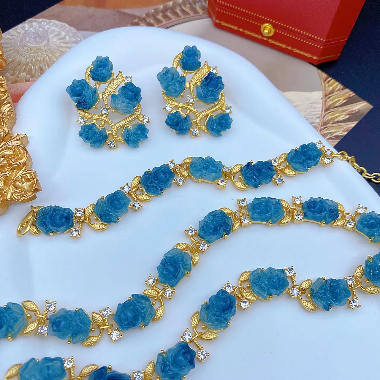 Collier en verre clair dégradé de fleurs de cerisier roses, boucles d'oreilles roses, broche, corsage, bijoux de style européen et américain_voghion.com