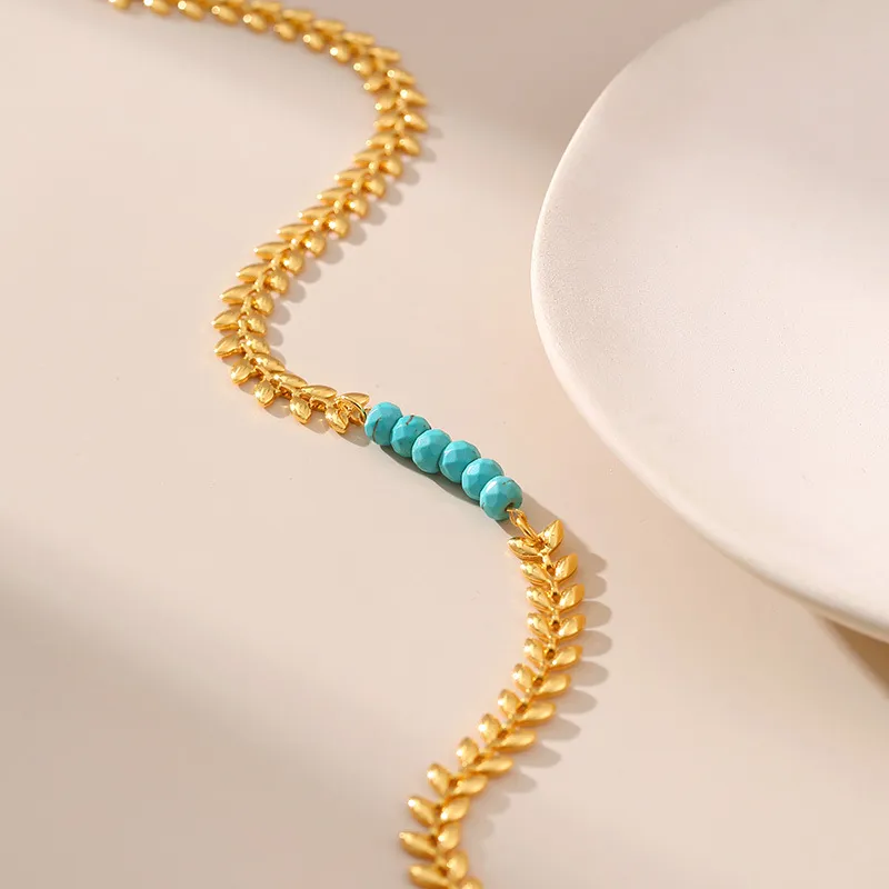 Collier de perles turquoise irrégulières faites à la main pour femmes, chaîne porte-bonheur en forme d'épis de blé dorés, bijoux rétro_voghion.com