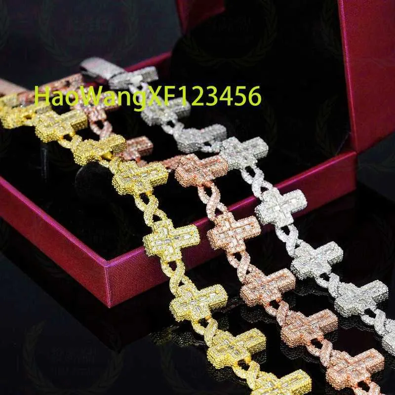 Cadena de eslabones cubanos con cruz de moissanita y baguette VVS con helado de plata de ley GRA de Christian Hip Hop Pass para hombres y mujeres_voghion.com