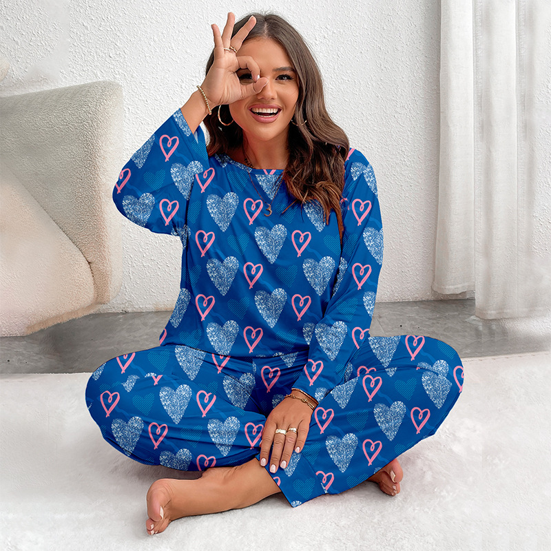Women's Sleepwears Pajamas Large Size One Shoulder Long Sleeved Trousers Heart Printed Home Clothes Suits