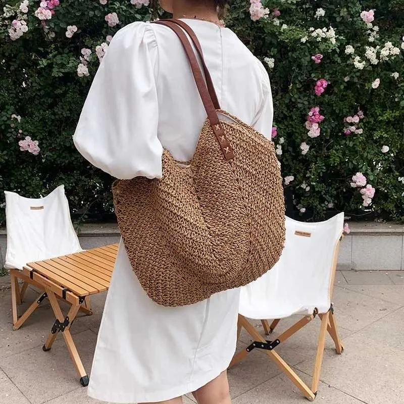 Summer grass woven shoulder bag Latan Beach large capacity handmade vacation travel shopping handbag Y241011_voghion.com