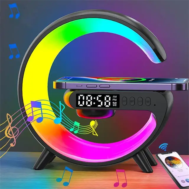 Speaker with RGB Night Light & Alarm Clock, Multifunctional Speaker, Sound System, 5W Wireless Charger Station_voghion.com