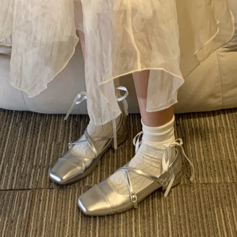 Silver Ballet Flats Women Square Toe Mary Jane Shoes Evening_voghion.com