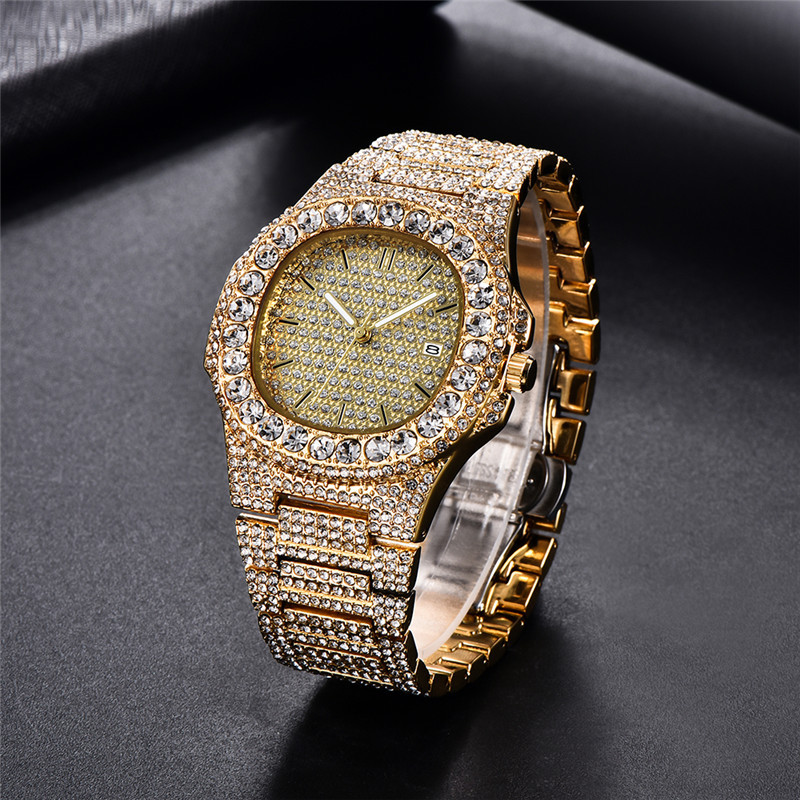 Men's Hip Hop Style Full Diamond Watch With Calendar - Quartz Movement, Square Dial, Stainless Steel Clasp, Fashionable Design For Trendy Men_voghion.com