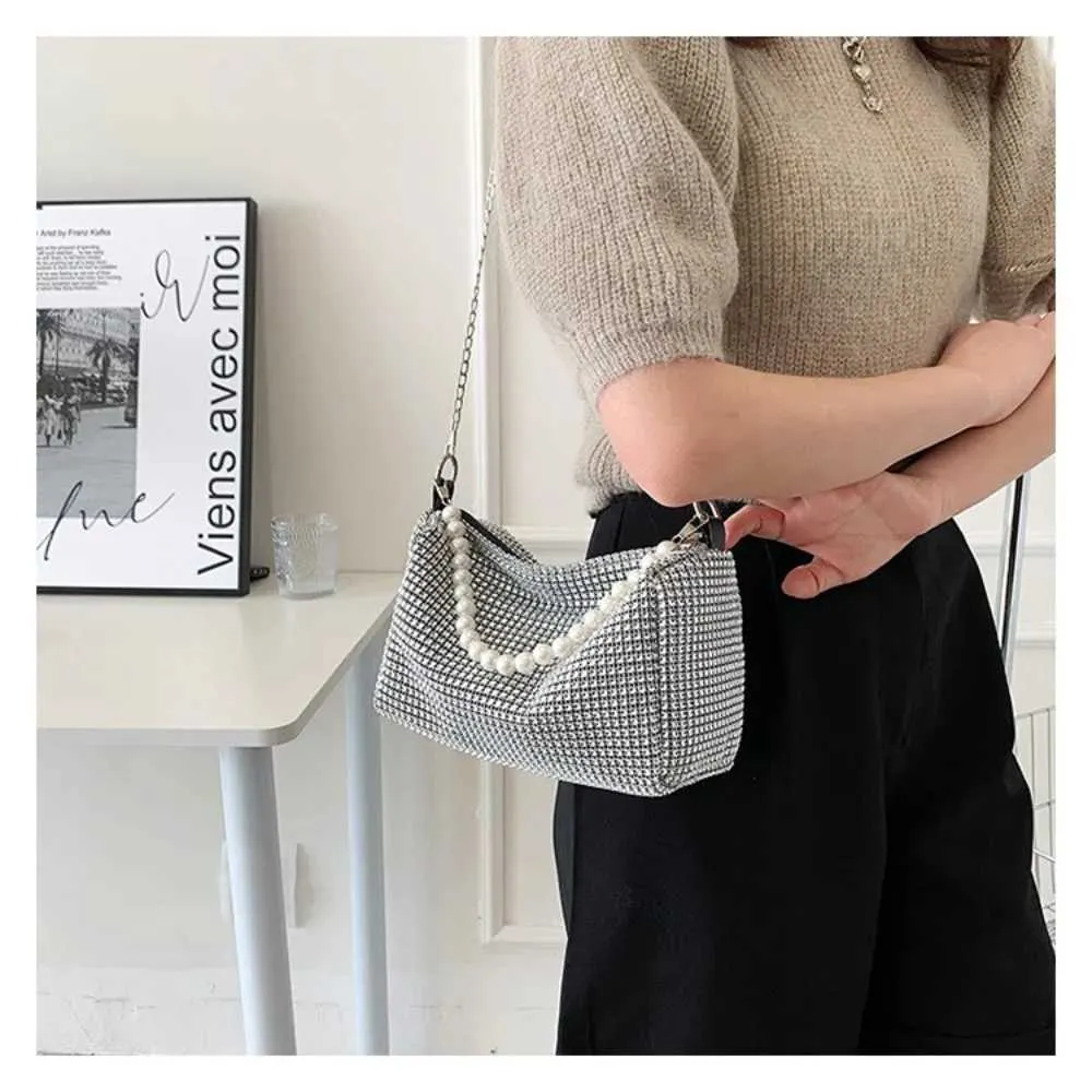 Sac messager à fermeture éclair en métal avec poignée en perles, grande capacité, sac à bandoulière décoratif à diamants brillants pour lui/voyage Y241026_voghion.com