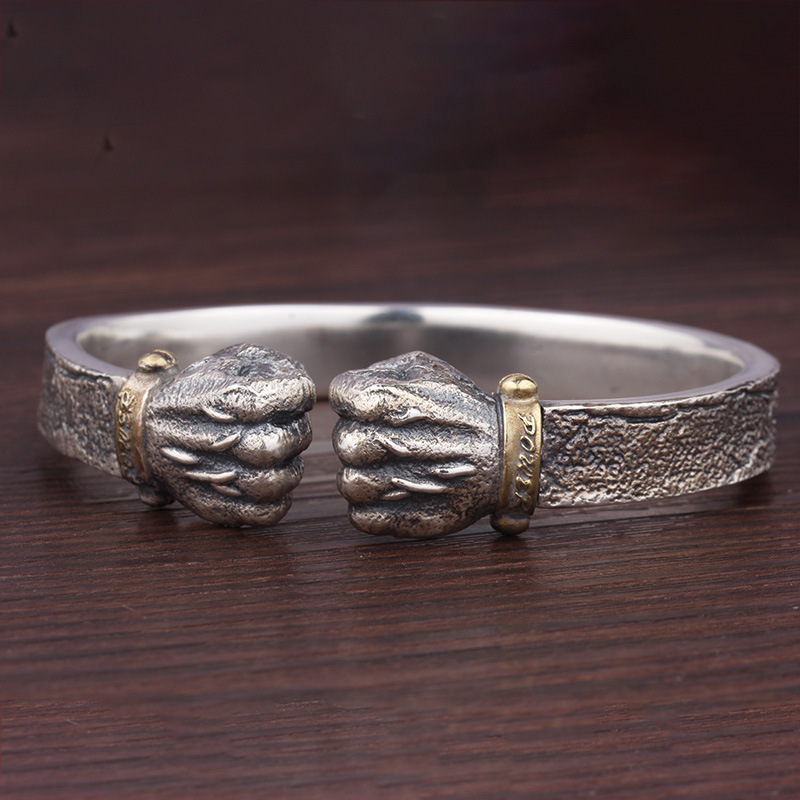 Braccialetto potente in argento Hot Selg, personalità maschile, pugno aperto solido, braccialetto con pugno di potenza_voghion.com
