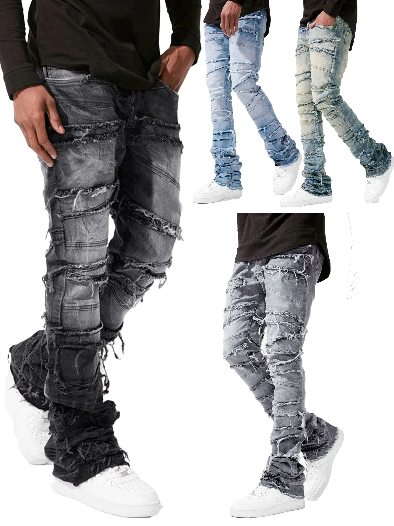 Jeans gescheurde slim patch denim voor heren skinny gestapelde broeken broek streetwear jongen_voghion.com