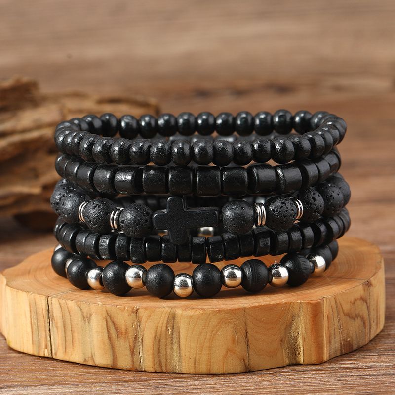 Fashion Dark Style Alloy Cross Wooden Bead E-commerce Men's Volcanic Stone Beaded Bracelet_voghion.com