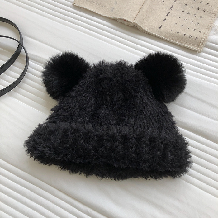 Autumn and Winter Cute Little Bear Plush Ear Protection for Children's Versatile Warmth Double Hair Ball Knitted Hat_voghion.com