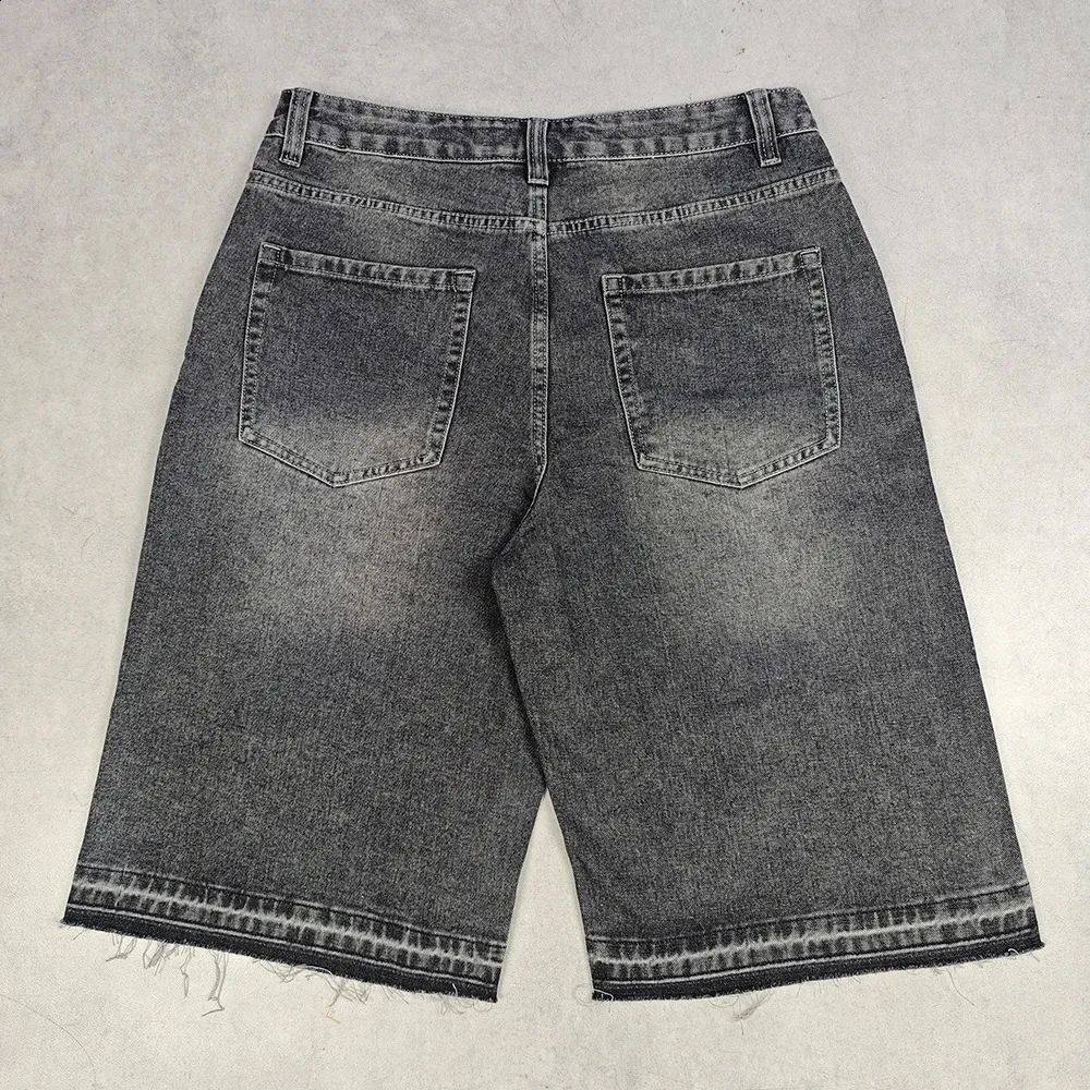 PEERAGE Y2k Retro Rhie Washed Wide Leg Baggy Long Jorts Vyriški Gatvės stiliaus Oversized Frayed Black Grey Loose Denim Jeans_voghion.com