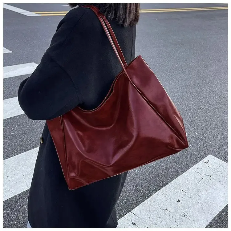 Geantă de umăr din piele pentru femei, model vintage roșu, sport, casual, la modă, capacitate mare, Shopper, Haruku, simplă, geantă de mână_voghion.com