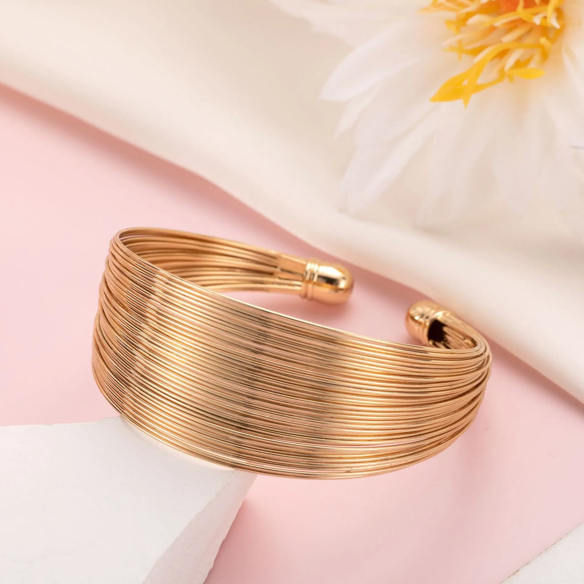 Multi-layer Open Cuff Bangle Gold Tone Elegant Fashion Bracelet_voghion.com