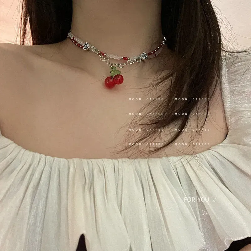 Collar con colgante de corazón y cereza mujer estilo y2k boho_voghion.com
