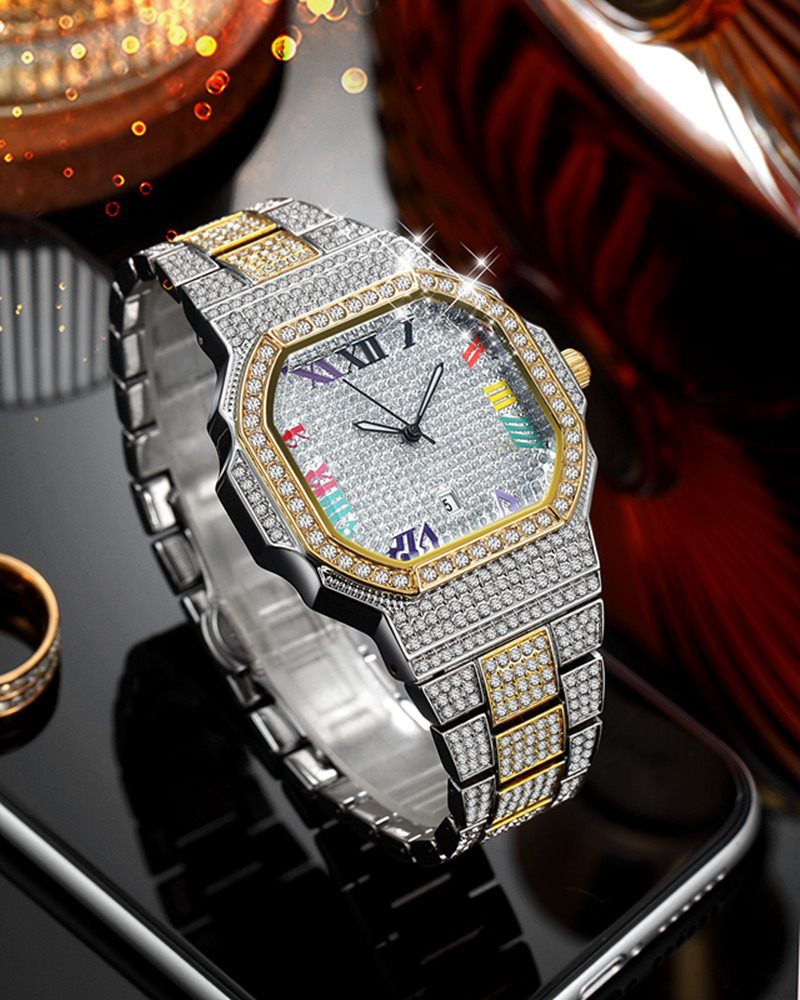 Men's Luxury Hip Hop Diamond Quartz Watch With Gold/Silver/Rose Gold Tone, Date Display, And Stylish Design For Casual & Formal Wear_voghion.com