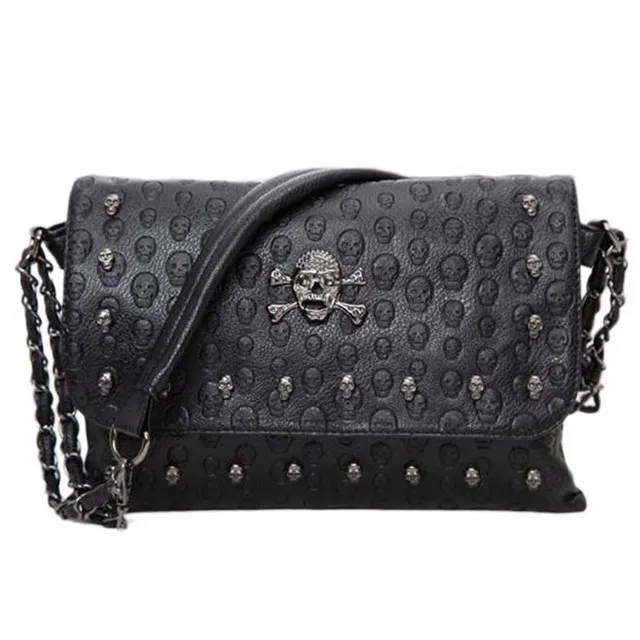 Vintage Niet Schwarz Crossbody Frauen PU Leder Messenger Coole Schädel Schulter Tasche Designer Flap Handtasche Bolso_voghion.com