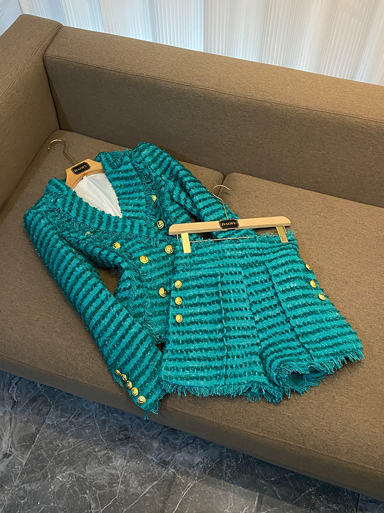Kvinders mode tweed slim jakkesæt temperament jakkesæt grøn_voghion.com