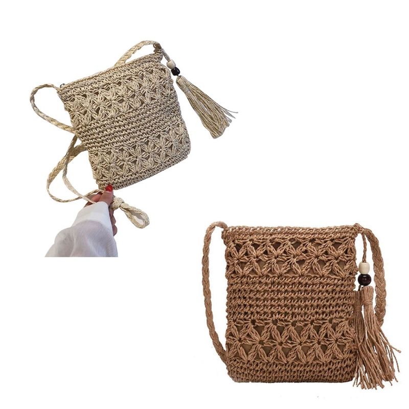 Women Beach Woven Straw Shoulder Messenger Bag with Tassel Boho Hollow Out Crochet Crossbody Handbag rame Purse_voghion.com
