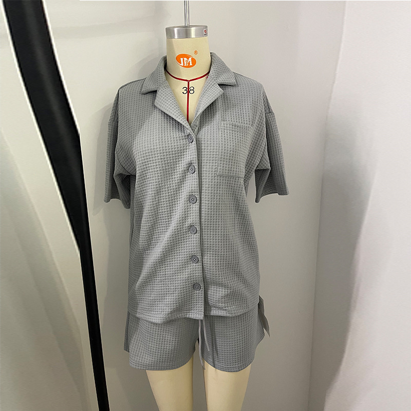 Women's fashion casual short-sleeved V-neck shirt shorts Solid color sports girls two-piece suit_voghion.com