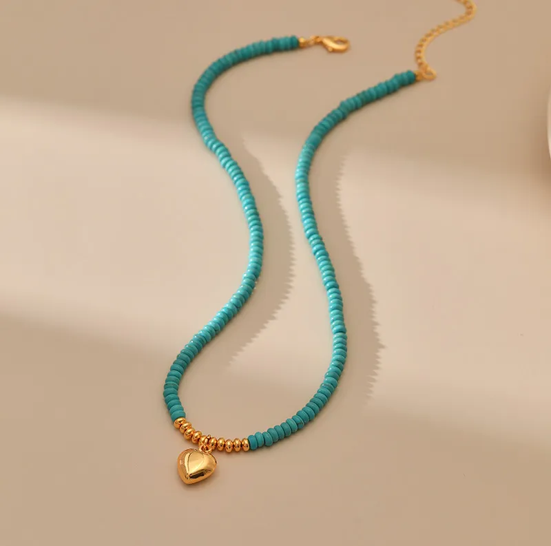 Collier de perles turquoise irrégulières faites à la main pour femmes, chaîne porte-bonheur en forme d'épis de blé dorés, bijoux rétro_voghion.com