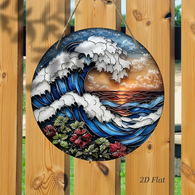 7.9in Ocean Wave Wooden Wall Art - Sunset & Floral Laser-Cut Design For Living Room & Office - Nautical Christmas/Birthday Gift_voghion.com