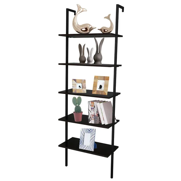 5-Shelf Wood Ladder Bookcase With Metal Frame Industrial 5-Tier Modern Ladder Shelf_voghion.com