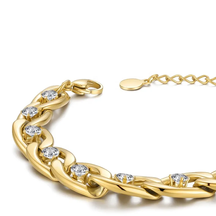 Crystal Zircon Link Chain Bracelet Gold Plated Stainless Steel_voghion.com