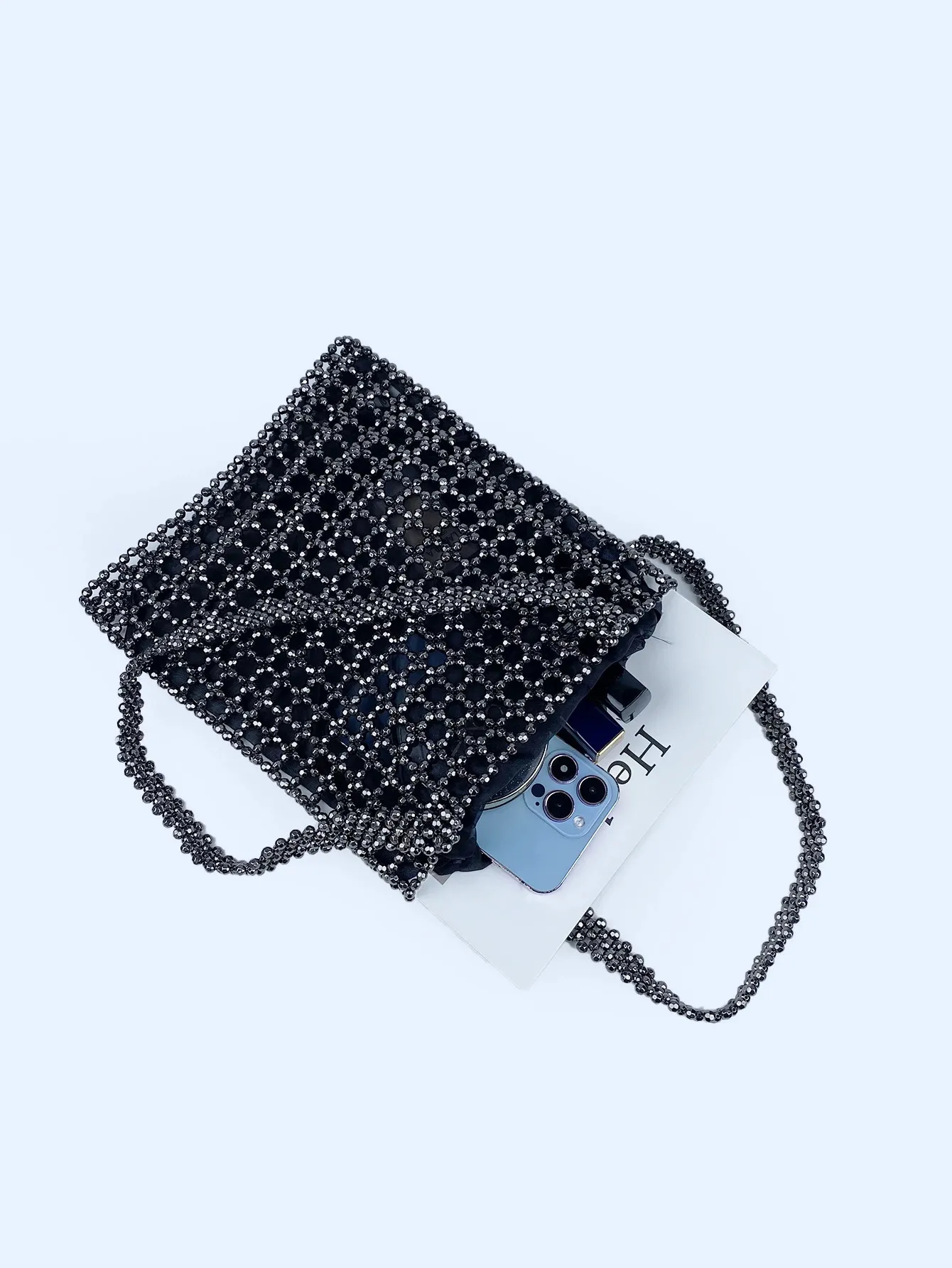 Beaded Shoulder Bag With Grey Openwork Design For Women_voghion.com