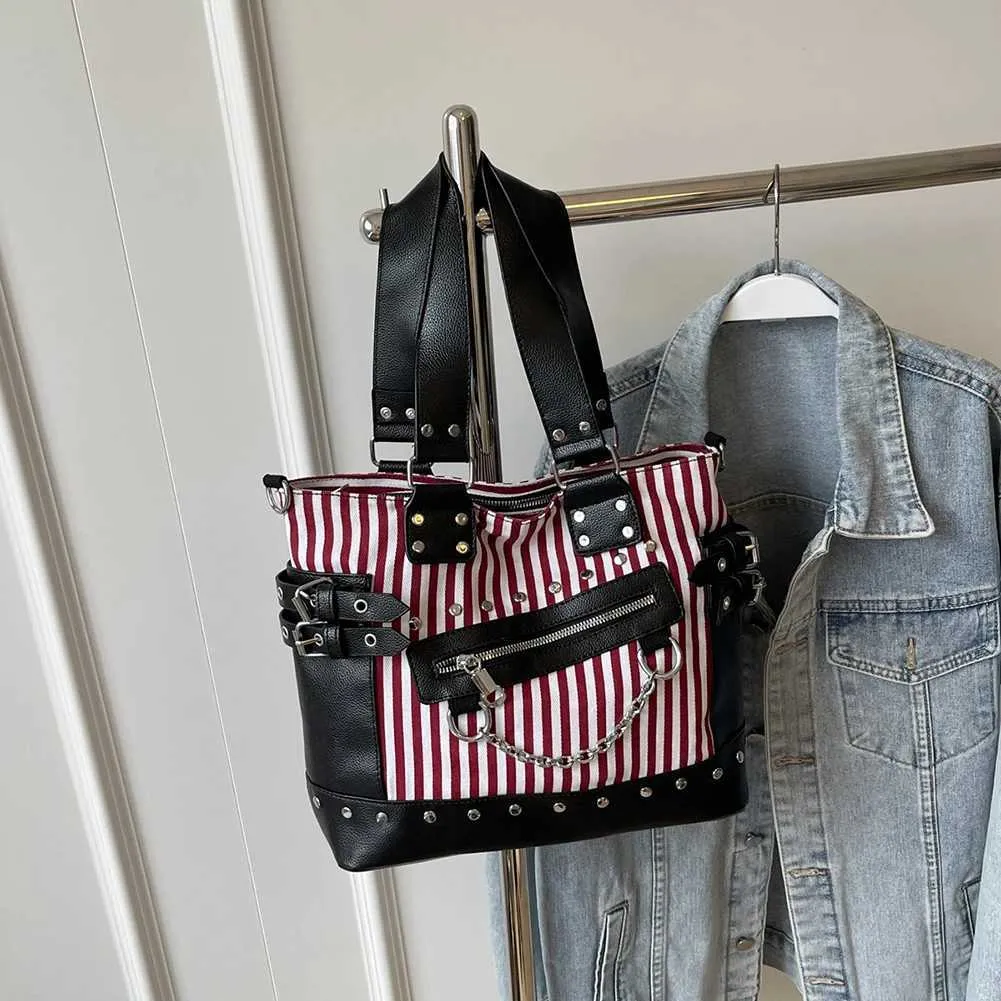 Frauen Schulter Mode Patchwork Handtasche Große Kapazität PU Punk Gestreiften Stilvolle Umhängetasche Chic Hobo Ba241216_voghion.com