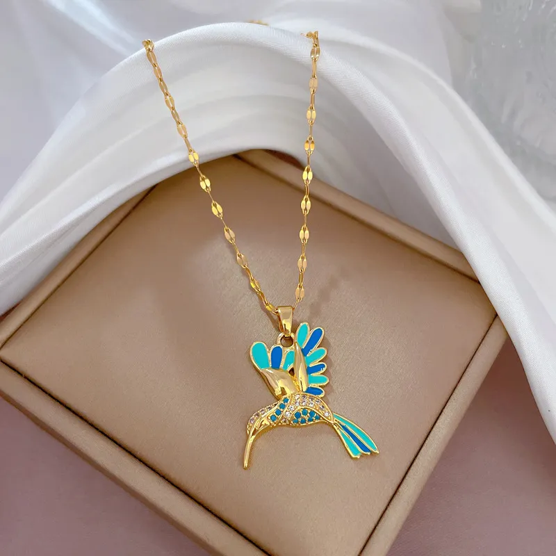 Catene di cristallo colibrì collane per le donne gioielli di moda color oro smaltato uccelli animali ciondolo choker collares_voghion.com