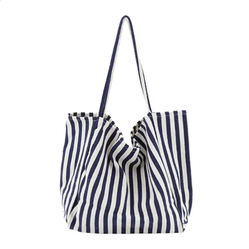 Fashion Ladies Classic Striped Canvas Handbag Large Capacity Shoulder For Female Simple Beach Casual tote Shopping Bag_voghion.com