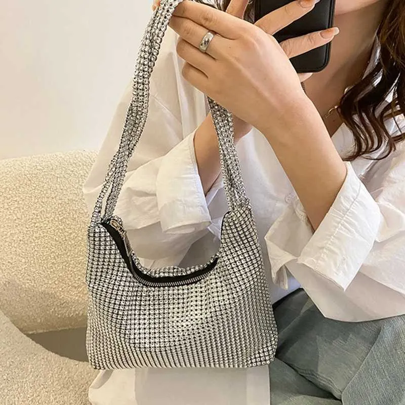 Bolsa de ombro de casamento requintada de prata brilhante Rhie Underarm Evening Wedding Bolsa de mão para jantar C241211_voghion.com