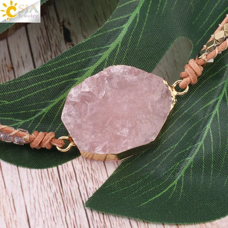 Charm CSJA Naturstensarmband Rosa Kvarts Läderarmband för Kvinnor Rosenstenar Kristallpärlor Bohemiska Smycken 5_voghion.com