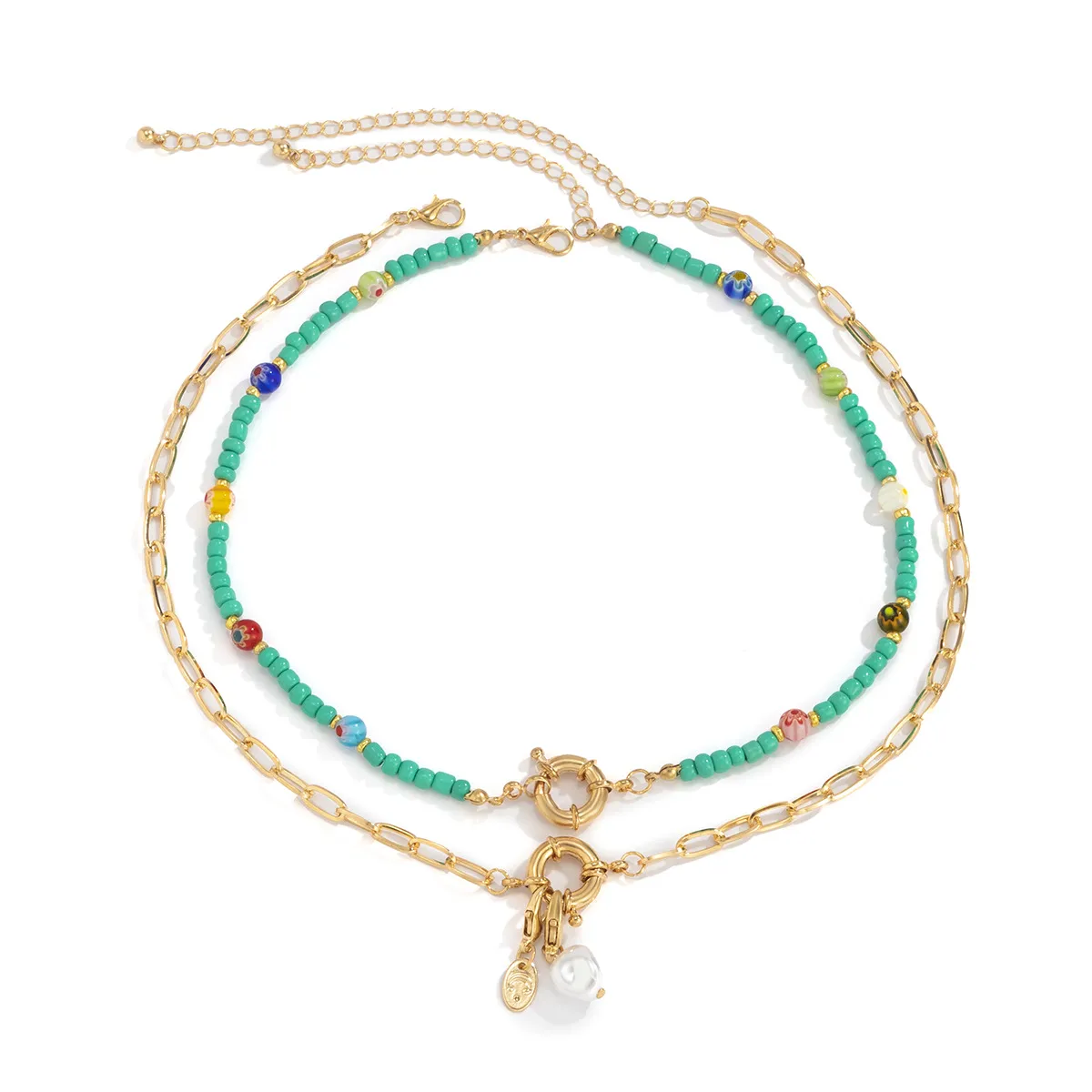 Collane con ciondolo Bohemia Fresh Green Beads Mix And Match Punk Catene in metallo Collana Set per donne Anello circolare Doppio_voghion.com