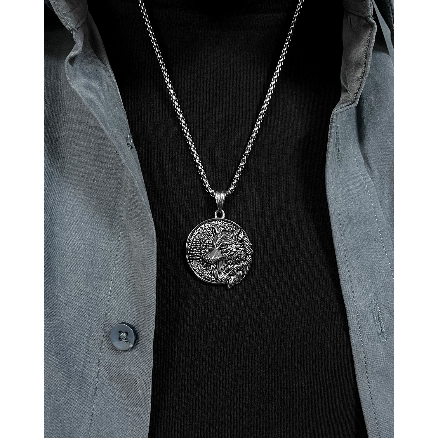 Collier personnalisé en acier titane avec tête de loup tendance_voghion.com