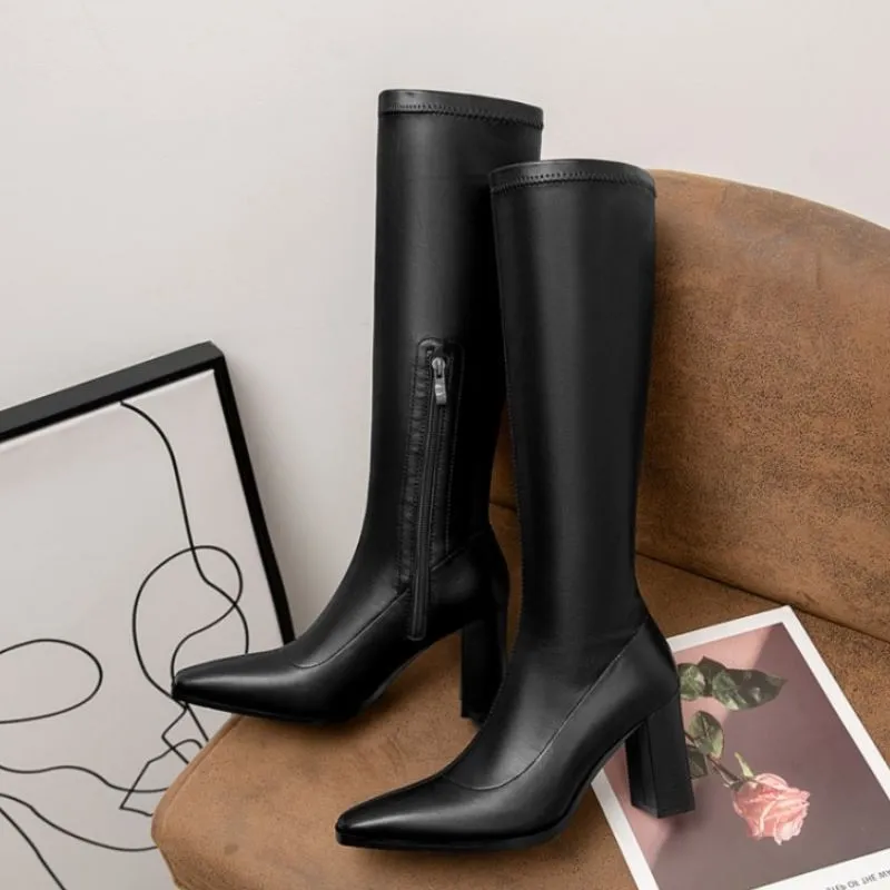 Knee Boots Zipper Thick High Heel Shoes Women Square Toe Winter Warm Long Boot Leather Party Footwear Size 34-39_voghion.com
