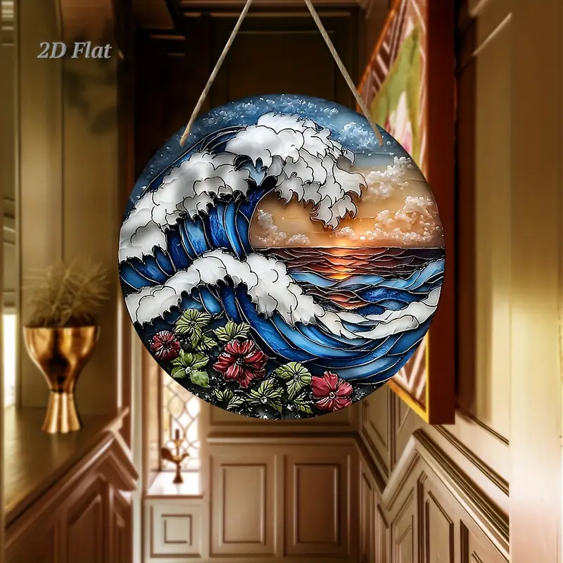 7.9in Ocean Wave Wooden Wall Art - Sunset & Floral Laser-Cut Design For Living Room & Office - Nautical Christmas/Birthday Gift_voghion.com