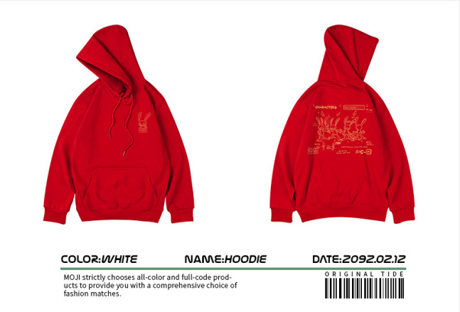 Felpa con cappuccio oversize Year of the Rabbit, abbigliamento da uomo di grandi dimensioni Instagram alla moda, peluche hip-hop rosso autunno e inverno_voghion.com