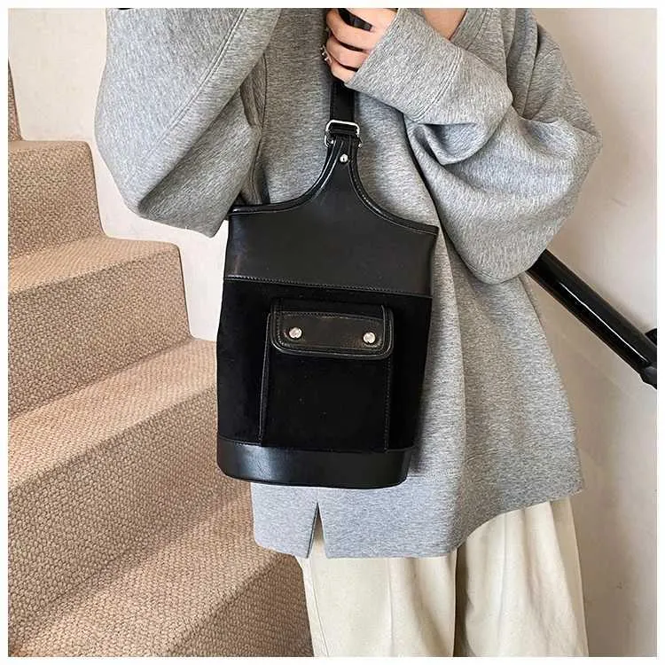 Borsa a tracolla in pelle scamosciata alla moda con toppa in PU per donna, colore a contrasto, casual, grande capacità, tracolla per la spesa da donna_voghion.com