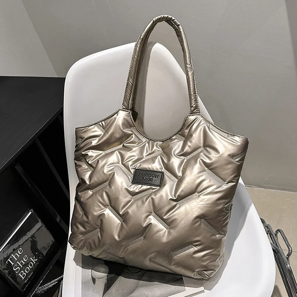 Borsa a mano imbottita in cotone da donna, trapuntata, grande capacità, invernale, casual, morbida e soffice._voghion.com