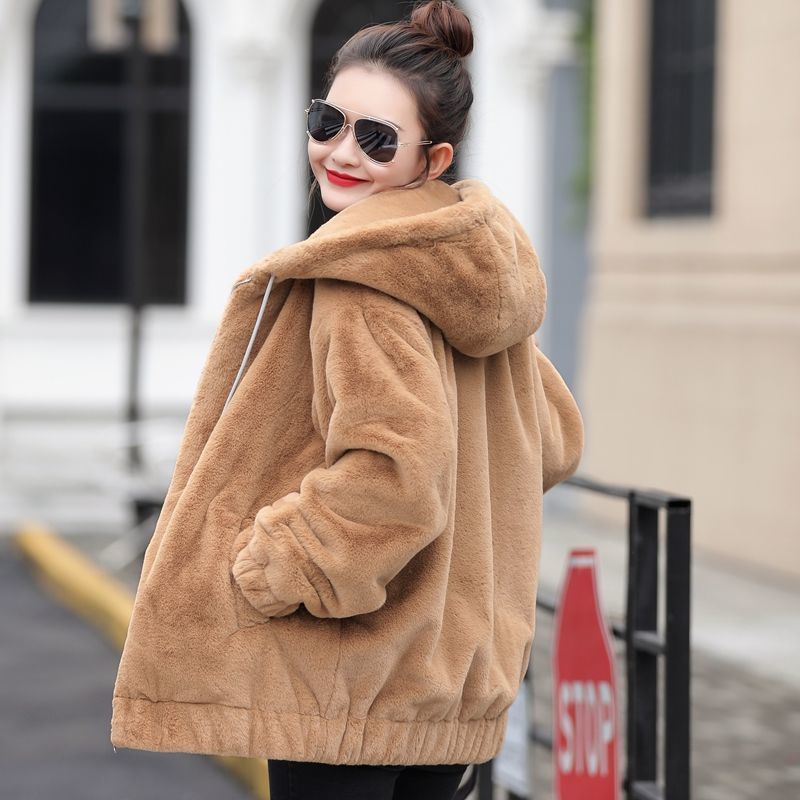Women's Clothing mid length winter new loose plush warm long sleeved plush short jacket