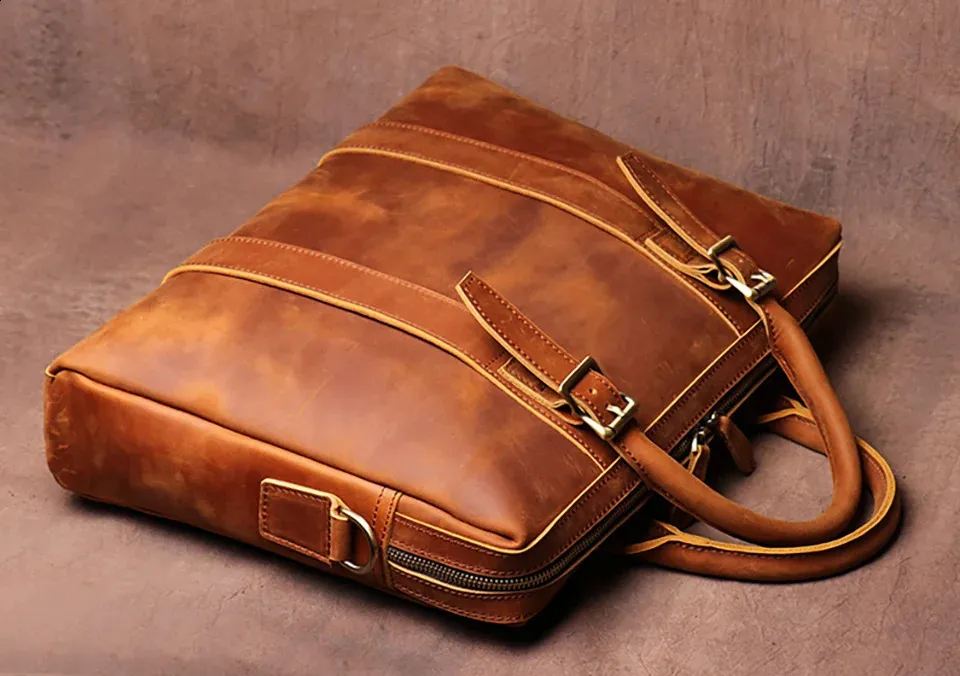 Vintage Man Handbag Briefcase Men Shoulder Genuine Leather Bags Brown Business Fashion 14 Inch Laptop_voghion.com